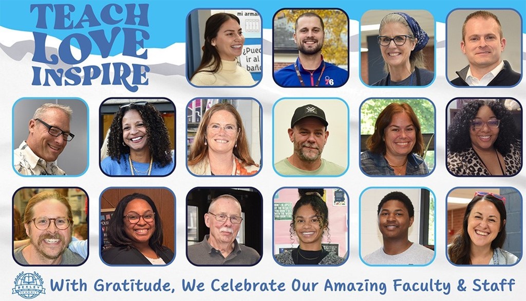Image is a collage of adult head and shoulders photos for Staff Appreciation Week with the words Teach Love Inspire in the upper left corner